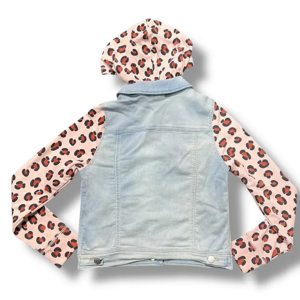 Cat & Jack Girls Denim Jean Jacket Hooded Long Sleeves Animal Print Hooded Large